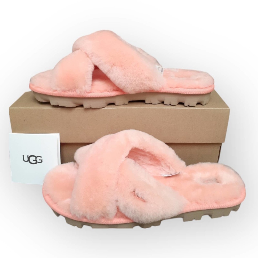 Ugg Fuzzette Beverly Pink Criss Cross Strap Fur NIB Slippers Size 5